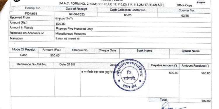 तासगावात पोलीस निरीक्षक भानुदास निंभोरे यांनी 500 रुपये भरून घेतला डिजिटल फलकाचा परवाना