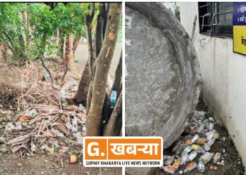 नेवरी ग्रामपंचायत कार्यालय परिसरातच दारूच्या रिकाम्या बाटल्यांचा खच